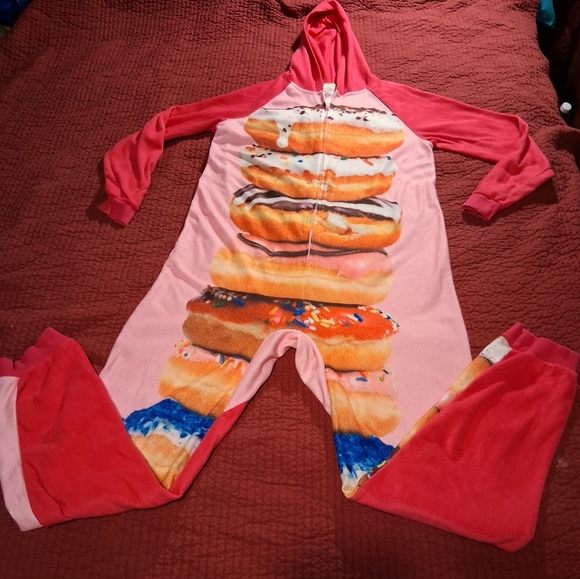 Faded Glory Other - Faded Glory Donut Print Zip Front Hooded Onsie Pajamas Adult Sz. Lg. 12-14